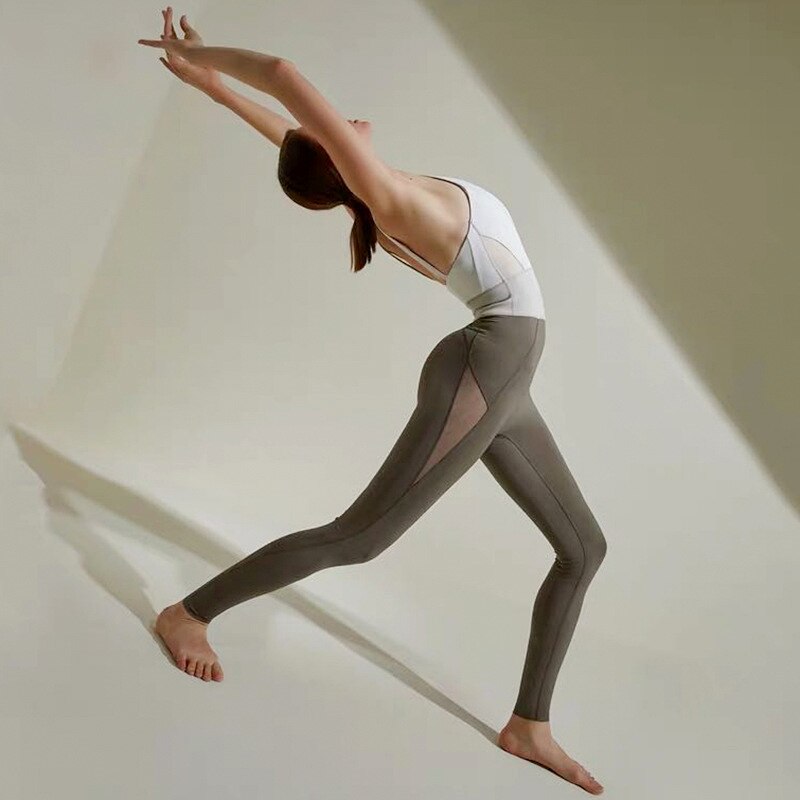 Oyoo ét stykke gymtøj mesh yoga jumpsuit rygløs træningssæt slank sportsdragt kvinder balletdans bodysuit- bh & leggings