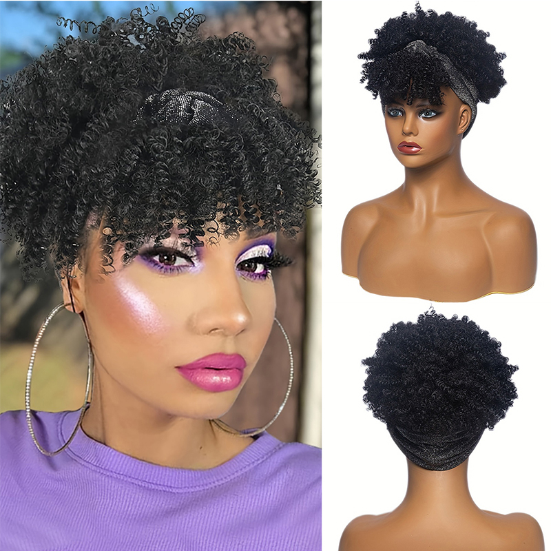 Afro Kinky Curly Headband Wigs Short Fluffy Curly Scarf Wig with Bangs Natural Synthetic Afro Curly Head Band Wig Cosplay: 4/27HL