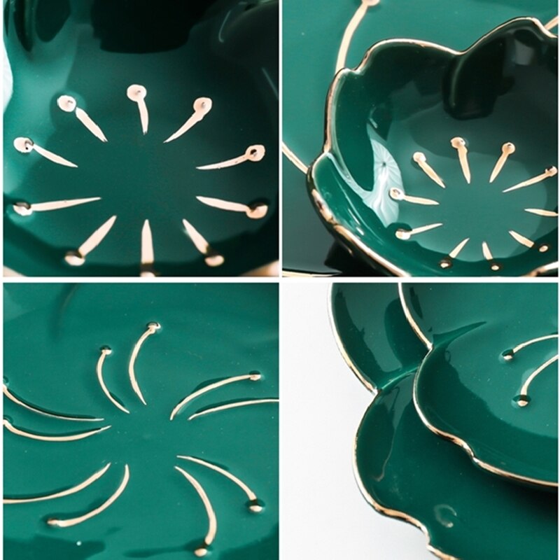 Green Ceramic Tableware Salad Bowl with Gold Edge Flower Shape Plate Chinaware Dim Sum Dishes Steak Western Food Flavor