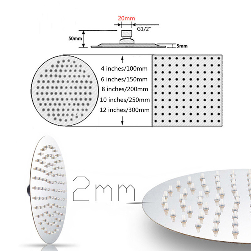 Home Round 12/10/8/6/4 inch Rainfall Shower Head Bathroom Stainless Steel Ultra-thin Shower Heads Chrome Finish Rain Shower