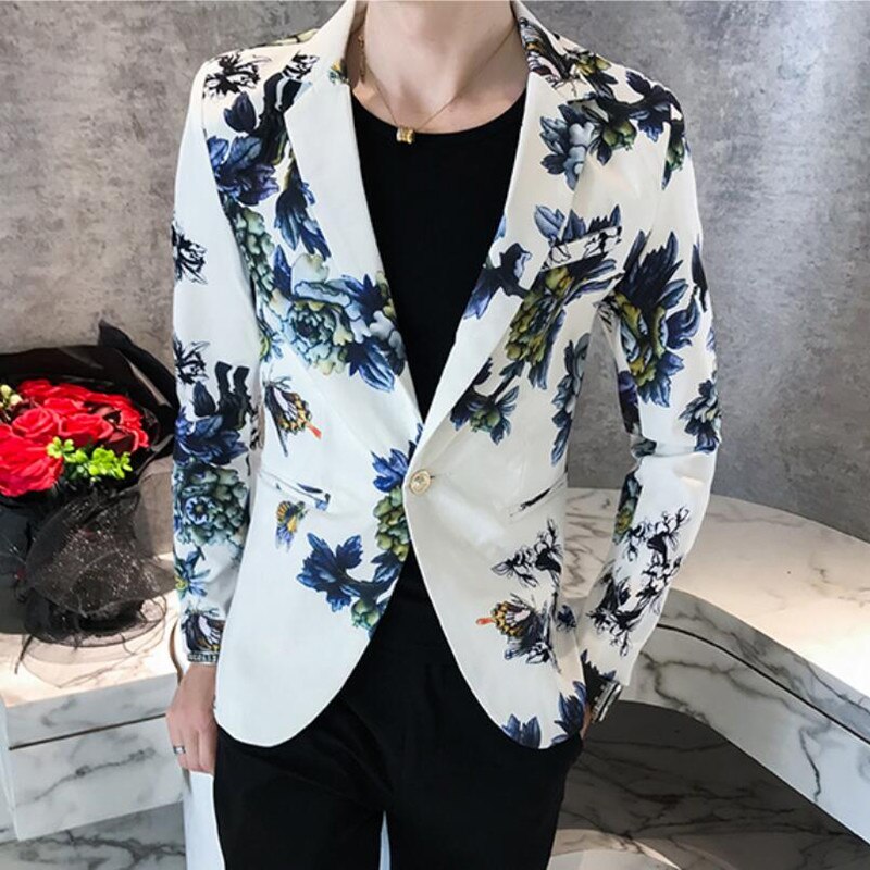 Spring Mens Slim Fit Suit Blazer Flower Print Simple Temperament British Style Social Business Casual Suit Jacket