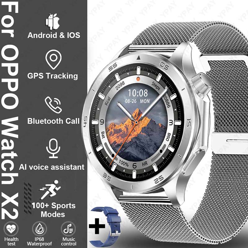 2025 New For Original OPPO Watch X2 Men GPS Smart Watch 1.53inch AMOLED IP68 Waterproof Bluetooth Call 100+ Sports Modes Watch: Prateado