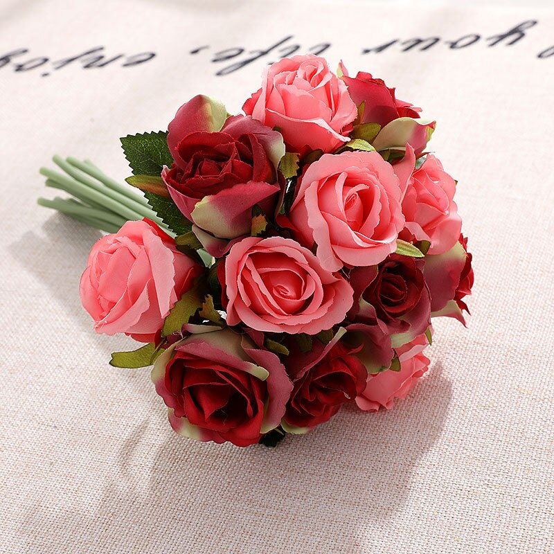 12 hoveder kunstig silke rose blomster buket hvid pink rød til bryllup brude fest hjem hus have festival bar dekoration: H08