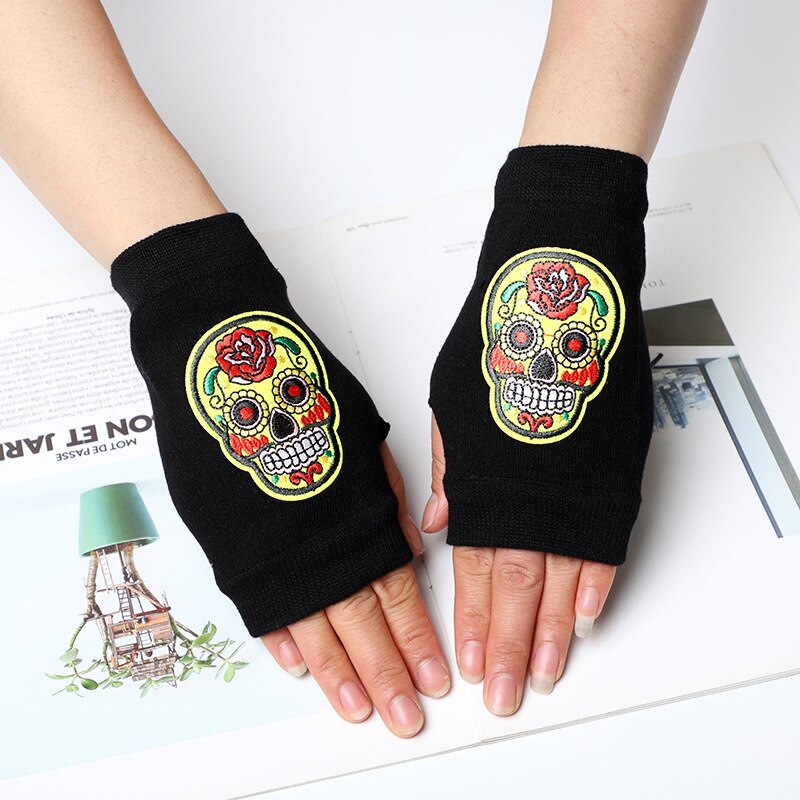 embroidered skull knitting gloves Fingerless Gloves: yellow