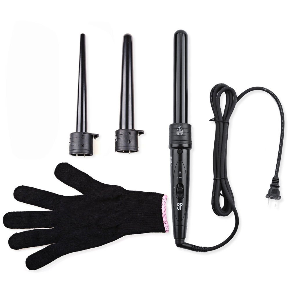 DODO 3 In 1 Removable Hair Curling Iron Conical Curling Wand Interchangeable 3 Parts Clip US/EU Plug Hair Iron Curler Set Curler: BLACK EU Plug