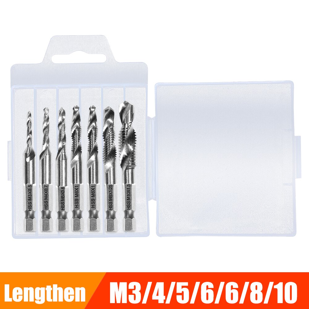 Metric Thread Tap Drill Bits Set Hex Shank HSS Titanium Plated Screw Thread Combination Drill Tap M3 M4 M5 M6 M8 M10 Hand Tools: 7PCS Silver Lengthen