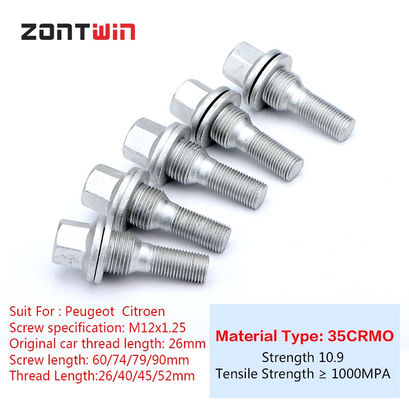 5/16/20 stycken bil legeringsfälgar bultar skruv för peugeot -206/208/301/307/308/407/408 citroen gänga längd 26/40/45mm m12 x 1.25