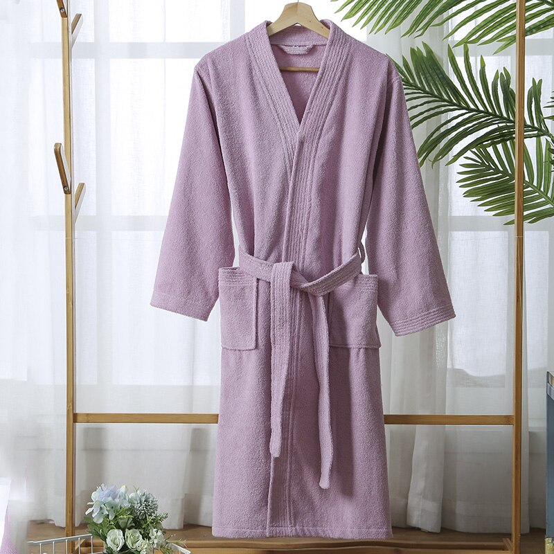 100% Cotton Bathrobe for Men Long Thick Absorbent Terry Bath Robe Kimono Men Towel Bathrobe Plus Sleepwear Women Dressing Gown: M / Lavender