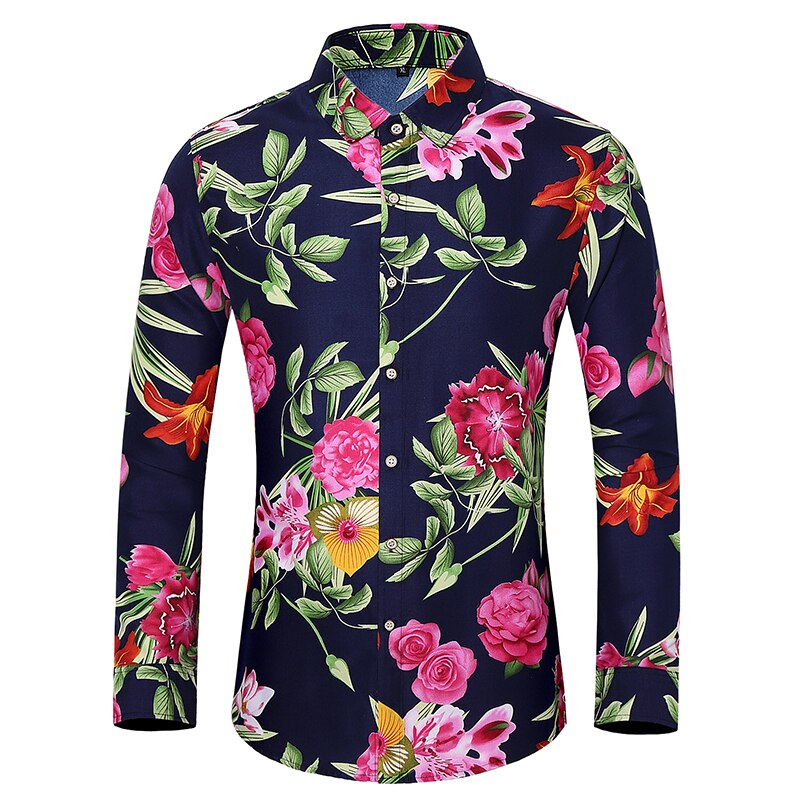 Plus size 7xl herre luksus blomstrede skjorter god bomuld casual skjorte til mænd langærmede skjorter: Marine blå / 4xl