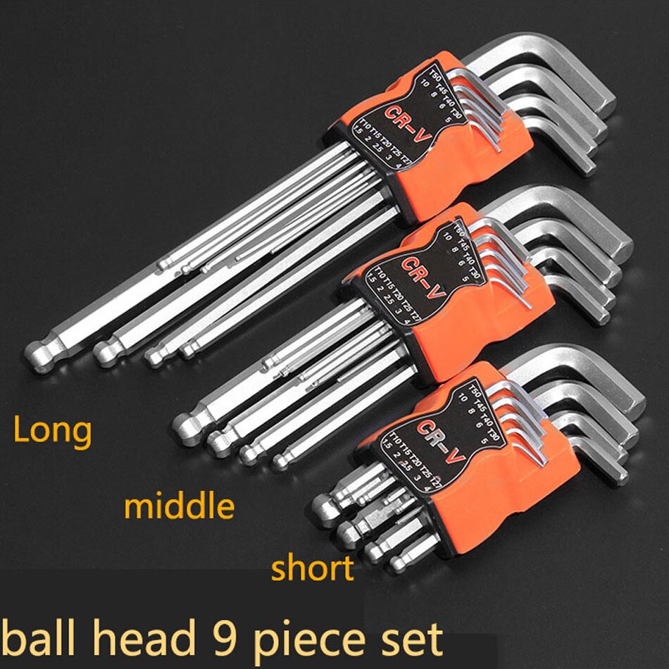 9pcs Multifunction Hexagon Allen Key Wrench Tools set Matte Chrome flat head Ball End Spanner set Screwdriver Set Tool Kit: Ball head / middle