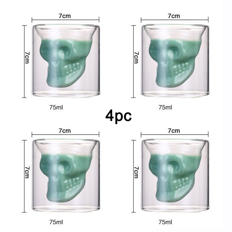 Schedelcocktailglas 1/4 hittebestendige dubbellaagse transparante whiskyglazen halloweenfeestbar wijnbenodigdheden: M -75ml-4 stuks