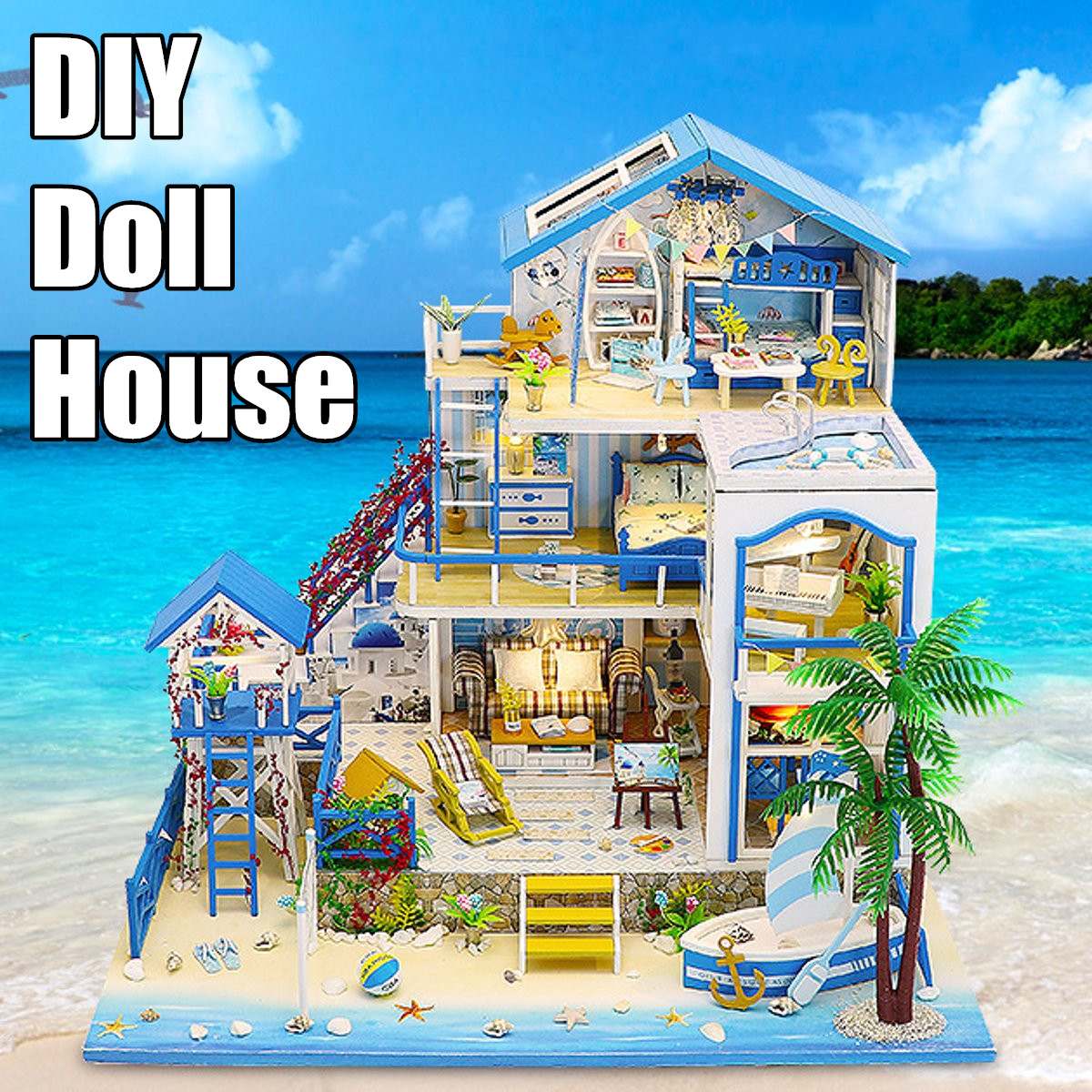 Diy Dollhouse Bausätze Romantische Ägäist Japanischen Strand Villa Mit Möbel LED Licht Miniatur Puppen Haus Montieren Spielzeug