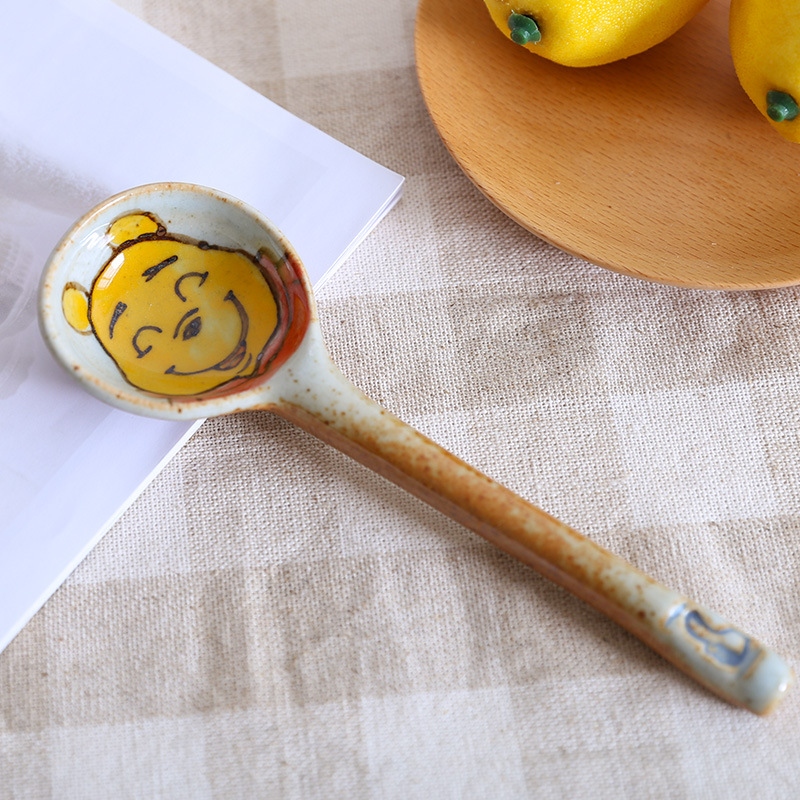 Handmade Ceramic Spoon Hand Painted Japanese Cartoon Cat Household Product Long Handle Spoon Kitchen Tableware 1 Piece: 9