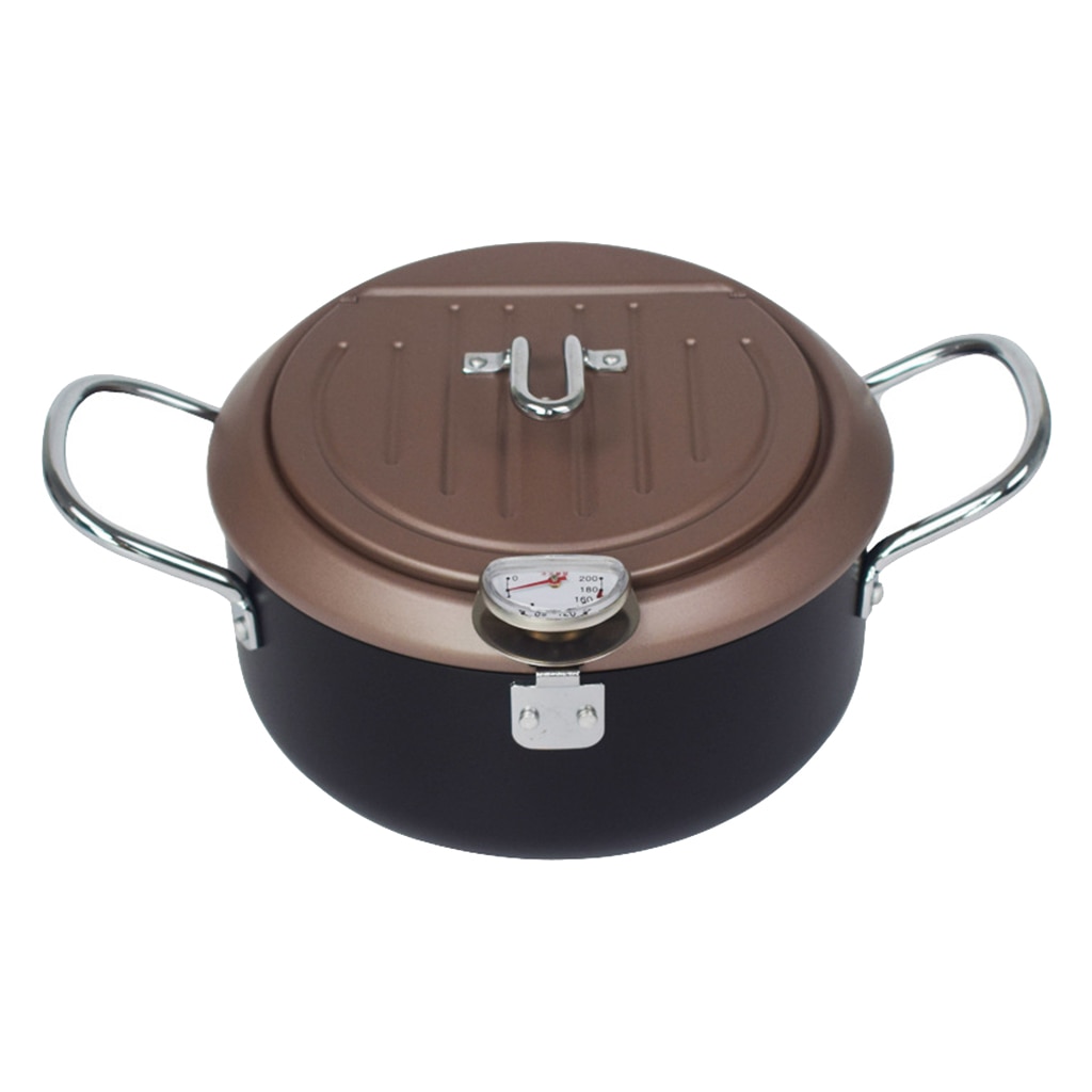 Iron Deep Fryer with Lid and Oil Drain Rack, Thermometer