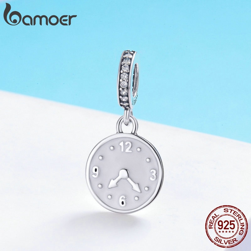 BAMOER 100% Genuine 925 Sterling Silver Clock Happy Time Engrave Pendant Charm fit Women Bracelet Sterling Silver Jewelry SCC657