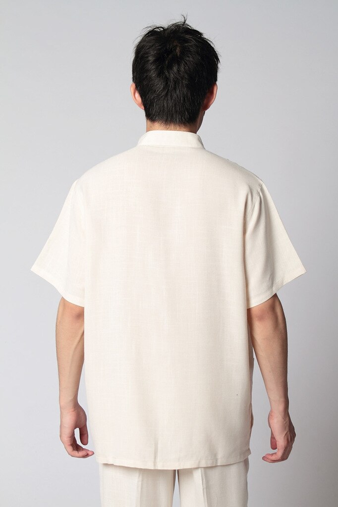 Mens Short Sleeve Shirt Chinese Traditional Linen Cotton Tai Chi Kung Fu Mandarin Collar Frog-Button Clothes (XL, White - Foto 4