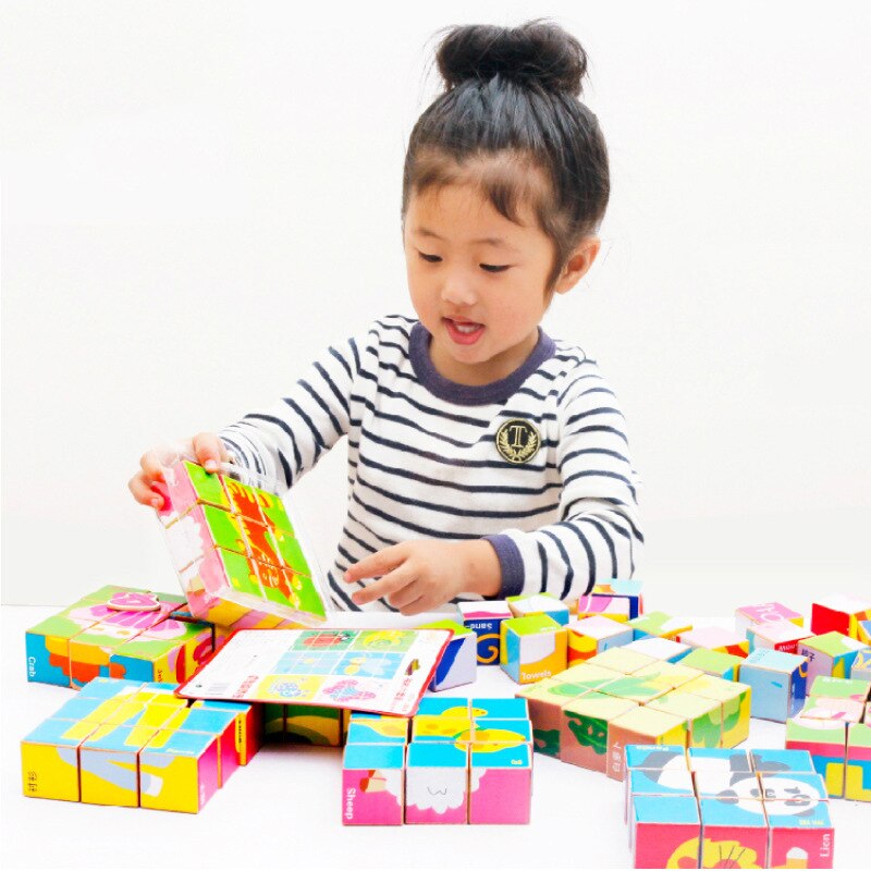 Wooden 3D Jigsaw Toy Animal Fruit Six-Sided Pattern Building Block Kindergarten Interactive Game Children Baby Educational Toys