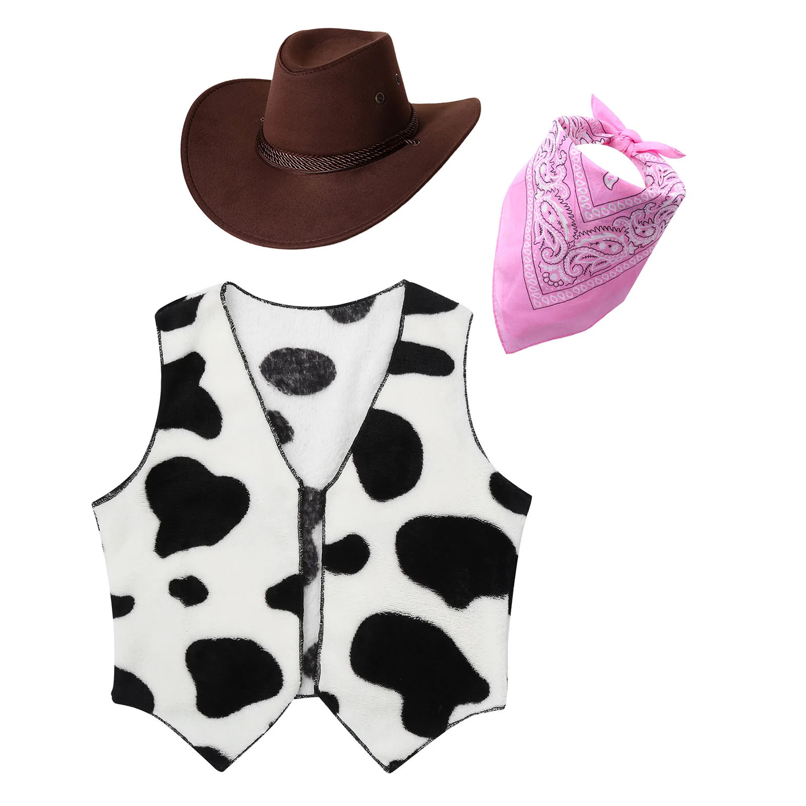 Wild West Cosplay Cowboy Cowgirl Costume Halloween Dress Up Clothes Fringe Sleeveless Vest with Bandanna Hat Set: XL / Gold