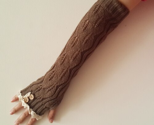 solid Lace knitted Fingerless Gloves Ballet Dance button glove burn out long Arm Warmers 7 colors #3706: kakhi