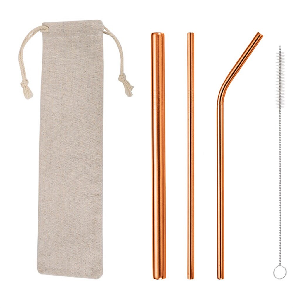 Reusable Drinks Straw Eco Friendly 304 Stainless Steel Metal Straws with Clean Brush Coffee Drinking Tube Set: Rose golden
