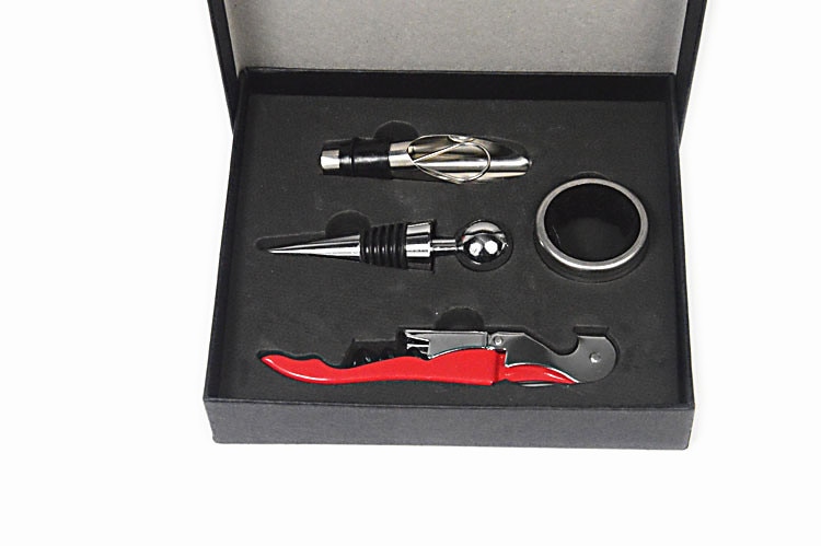 1 set 4 in 1 rode wijnflesopener kurkentrekker wijnflesopener + stop + ring + schenktuit set met doos willekeurige kleur  lj 014