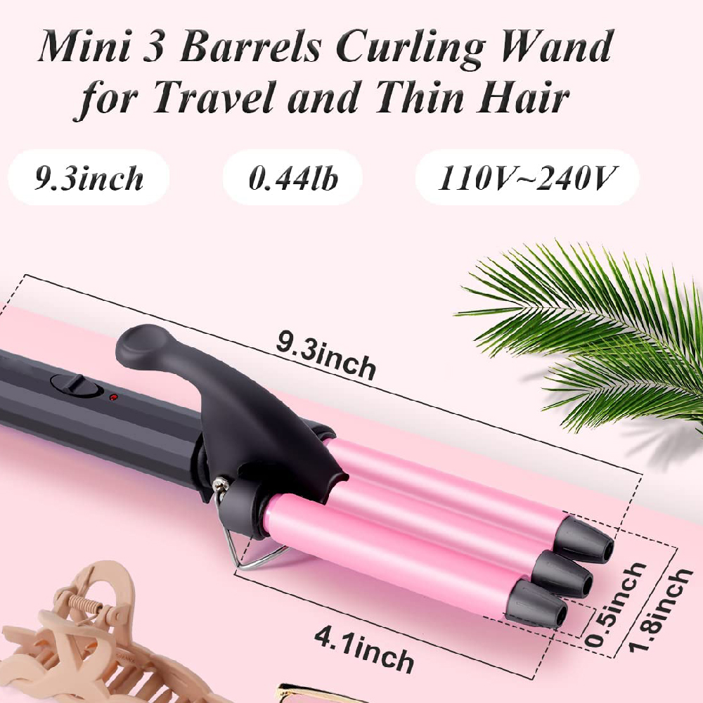 RUCHA Mini Three Barrel Hair Curler Iron Curling Wand 13mm for Home and Travel Ceramic Tourmaline Hair Waves Curls