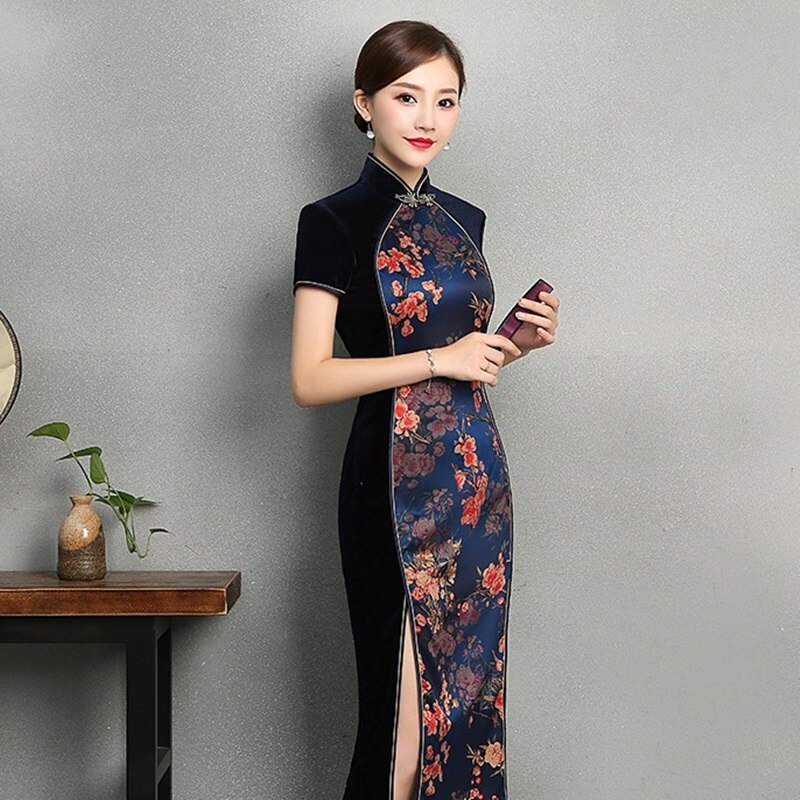 Chinese Dress Qipao Shanghai Tang Clothes Short Sleeve Velvet Cheongsam Dress Slit Robe Vintage Femme Black Vietnam Dress FF1554