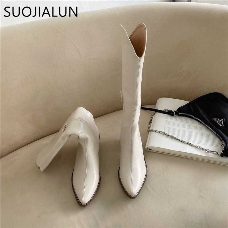 SUOJIALUN-bottes chevalier pour femmes, nouvelle , bottes carrées à talons bas et de , bottes occidentales à bout pointu, montantes,