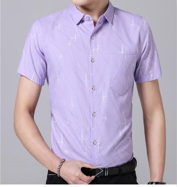 Zomer heren casual goedkoop overhemd heren gestreept overhemd korte mouw: Lavendel / Xl