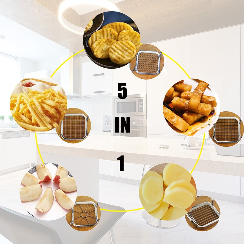 Multifunktionel 5 in 1 grøntsagsskæremaskine frugtskærer i rustfrit stål æble kartoffel pommes frites køkkentilbehør