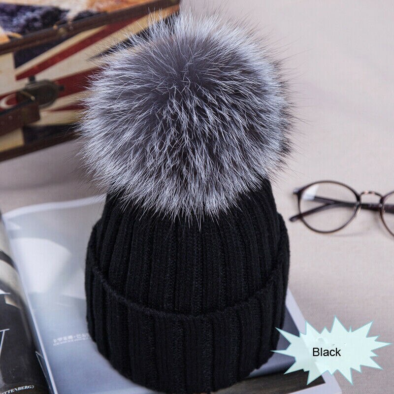 Gorro cálido de invierno para mujer, pompón esponjoso, grande, de piel sintética, negro, azul, blanco y rosa