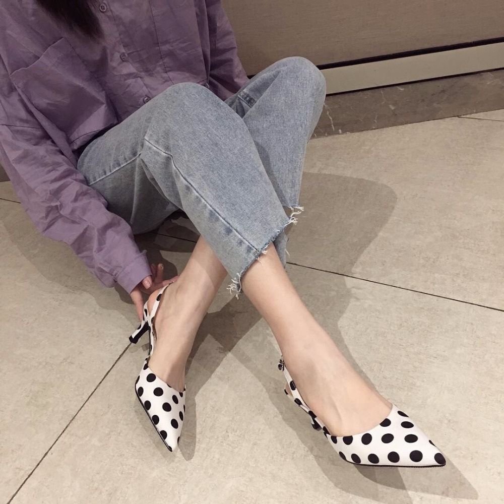 Sandalias de lunares para mujer Zapatos de tacón alto delgados con tiras traseras sandalia zapatos de verano para mujer Zapatillas de playa