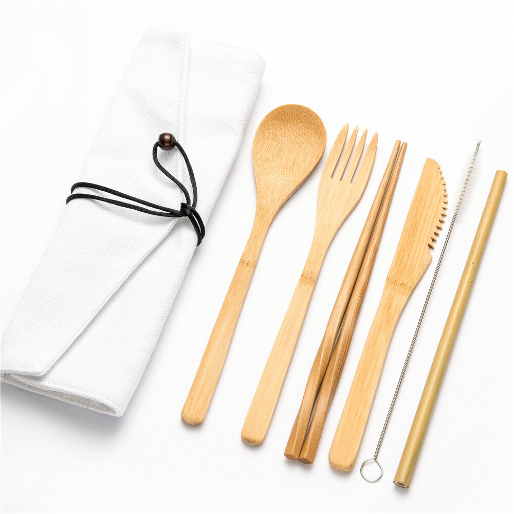 Eco-vriendelijke Reizen Herbruikbare Draagbare Bamboe Bestek Set Lepel Vork Eetstokje Sets 6 stks/set Straw Keuken Voedsel Servies Set: 7pcs set0010
