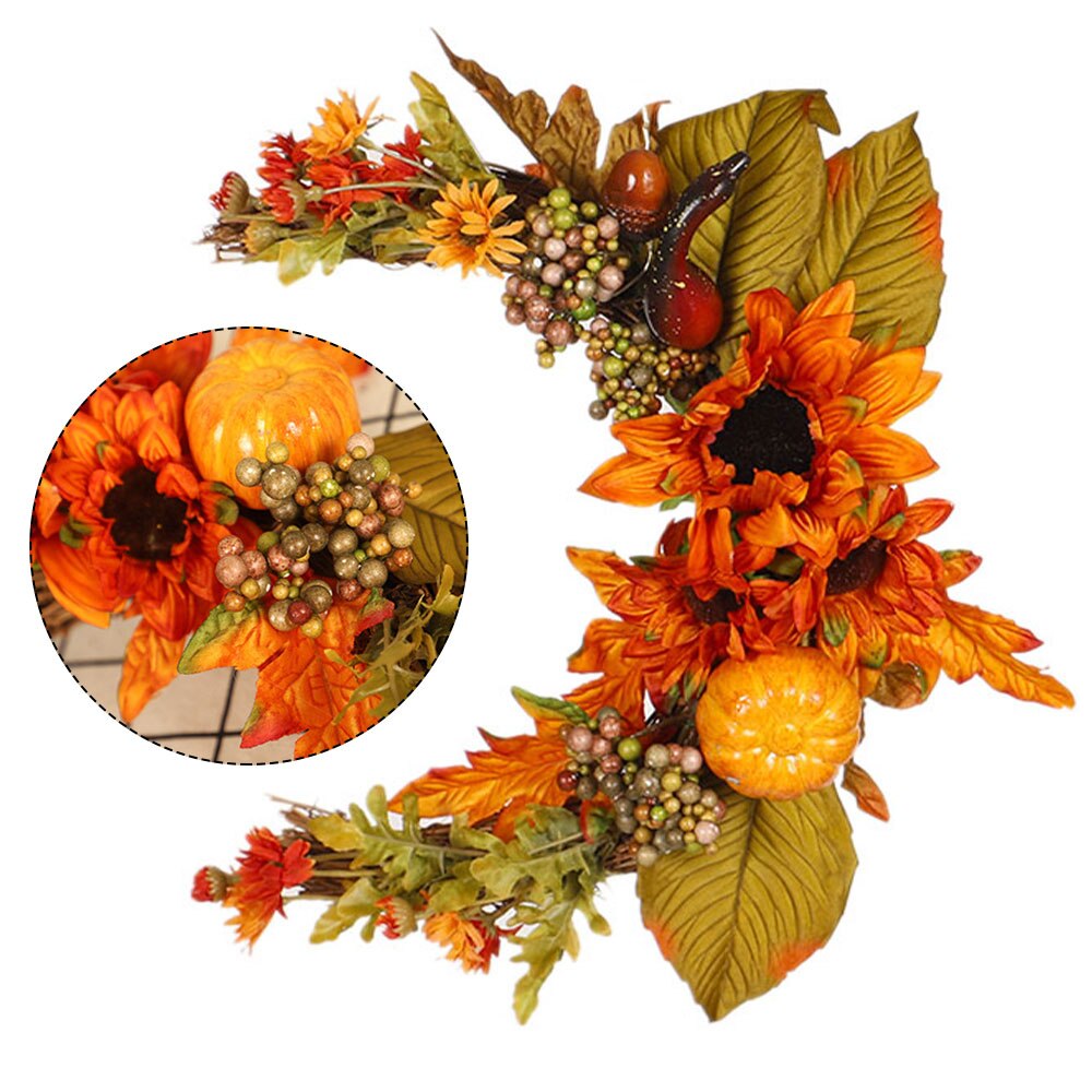 Thanksgiving Kunstmatige Bloem Herfst Rotan Krans Garland Met Pompoen Esdoornblad Halve Maan Vorm Deur Muur Oogst Ornament