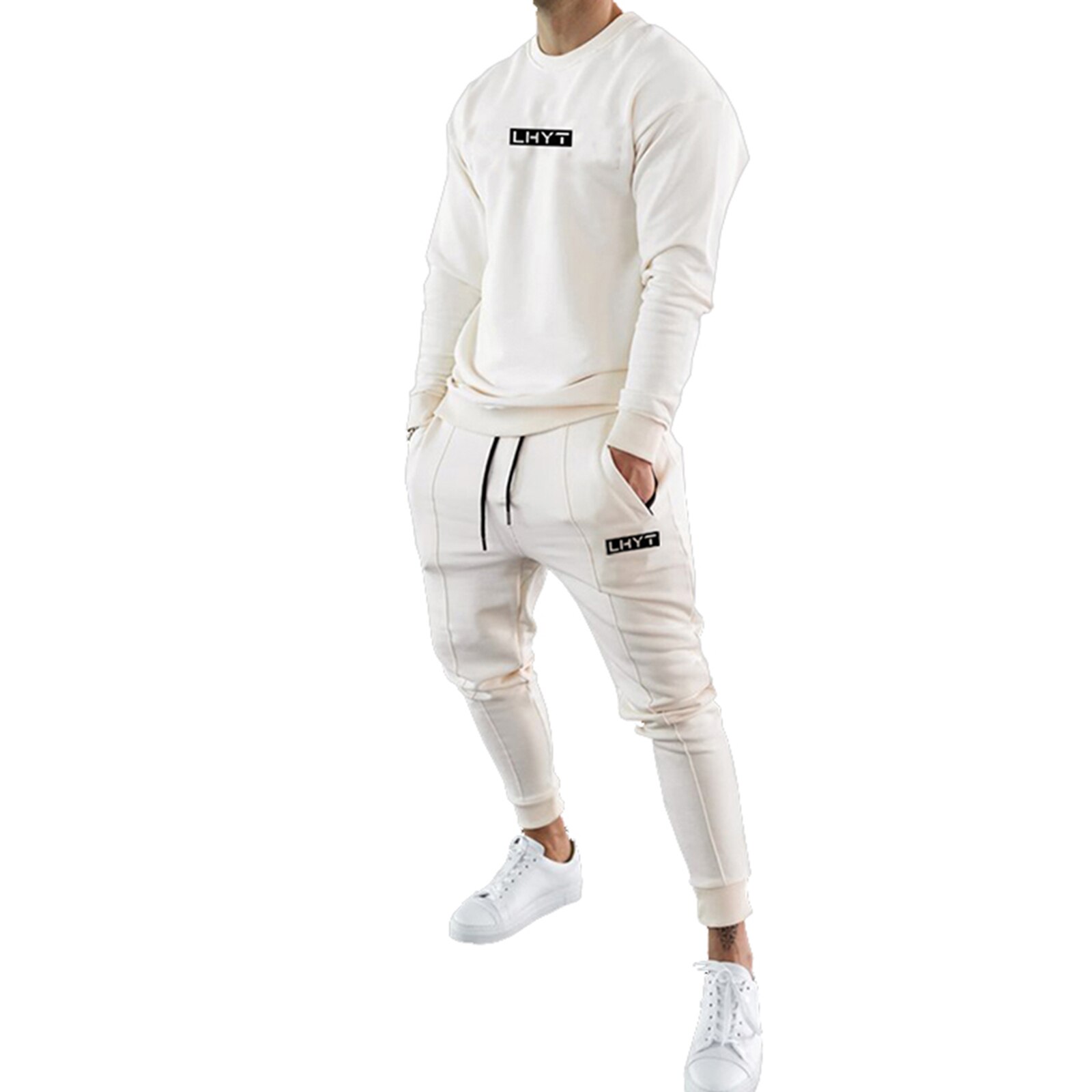 Mannen Casual Trainingspak Sets Lange Mouw Sweatshirt Met Match Jogging Pant Fall Winter Running Sport Kleding Past: Beige / XL