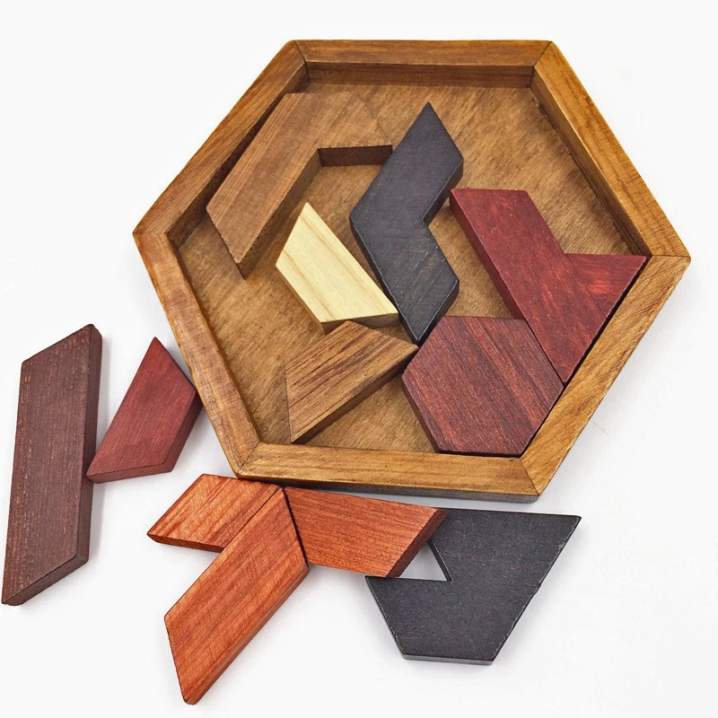 Classic hexagonal tangram puzzle made of wood, brain teasers for children, logic puzzles, casse tete rompecabezas de madera