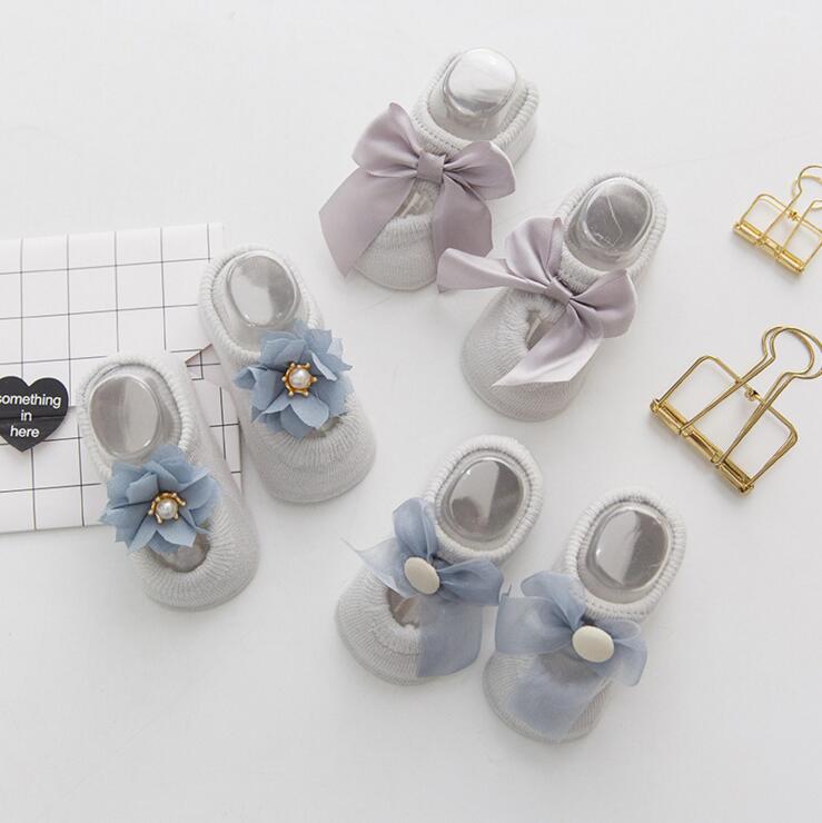 Baby Cotton Spring Newborn Baby Girl Kids Sock Flower Bowknot Lace Anti Slip Summer Sock Ribbon Children Slipper