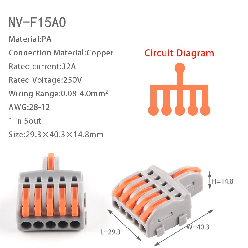 5PCS Quick Cable Splitter Push-in Wire Connector Universal Compact Conductor Wiring Terminal Block For ELECTRICAL Connection: F15AO