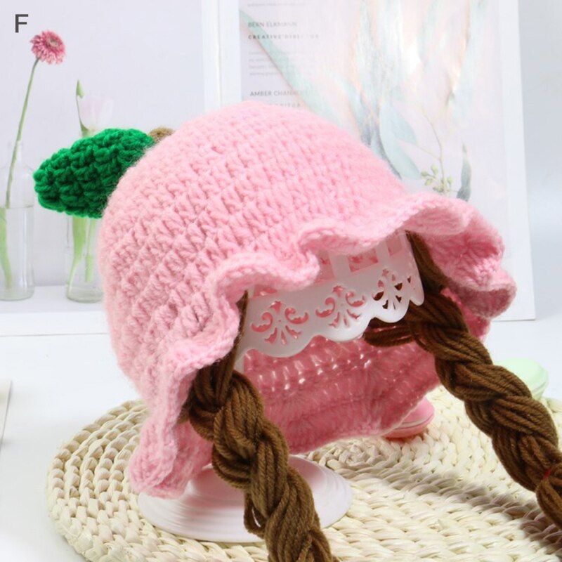 Bebis barn stickad peruk mössa handgjorda småbarn barn äppelstjärnor ull kntting kepsar flätor foto rekvisita huvudbonader 1-5 år: F