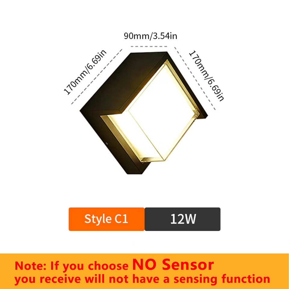 Lámpara de pared LED, Sensor de movimiento moderno, AC85-265V interior/exterior, 6W, 12W, luz de pared impermeable IP66 para decoración de camino de calle y jardín: Gris claro / Blanco / 6 W