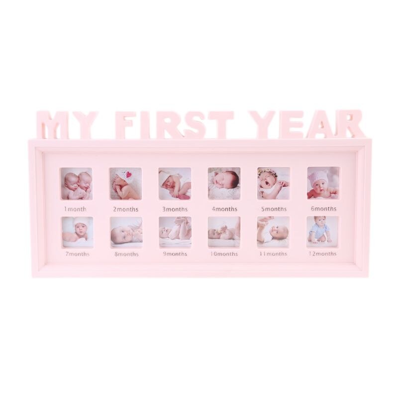 Diy 0-12 måneders baby "mit første år" billeder viser plastik fotoramme souvenirs til minde om børnens voksende hukommelse: Lyserød