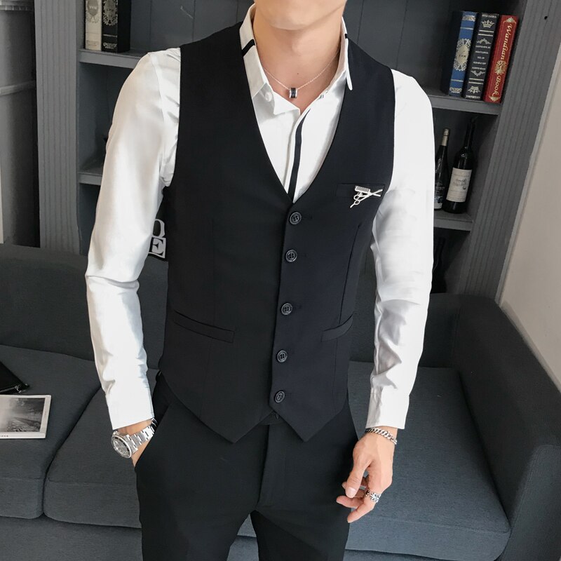 Wedding dress Vest man business men's waistcoat black slim fit classic formal suit vest men koream solid sleevess vests