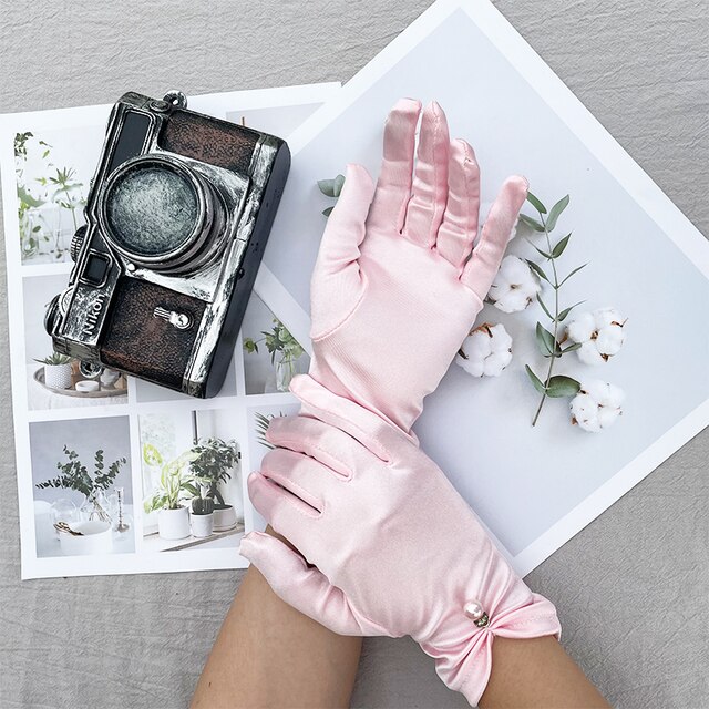 Women's Summer Thin Short Satin Elastic Etiquette Dress Gloves Pearl Lace Bow UV Sunscreen Cycling Driving Mittens K69: Pink