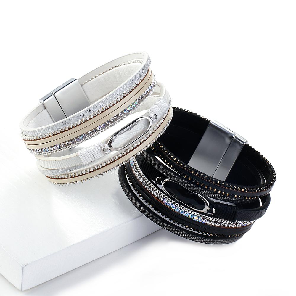 Amorcome Einfache Harz Charme Schwarz Weiß Leder Armbinde unisex Strass mehrschichtig wickeln Armbänder ErkläSprosse Schmuck