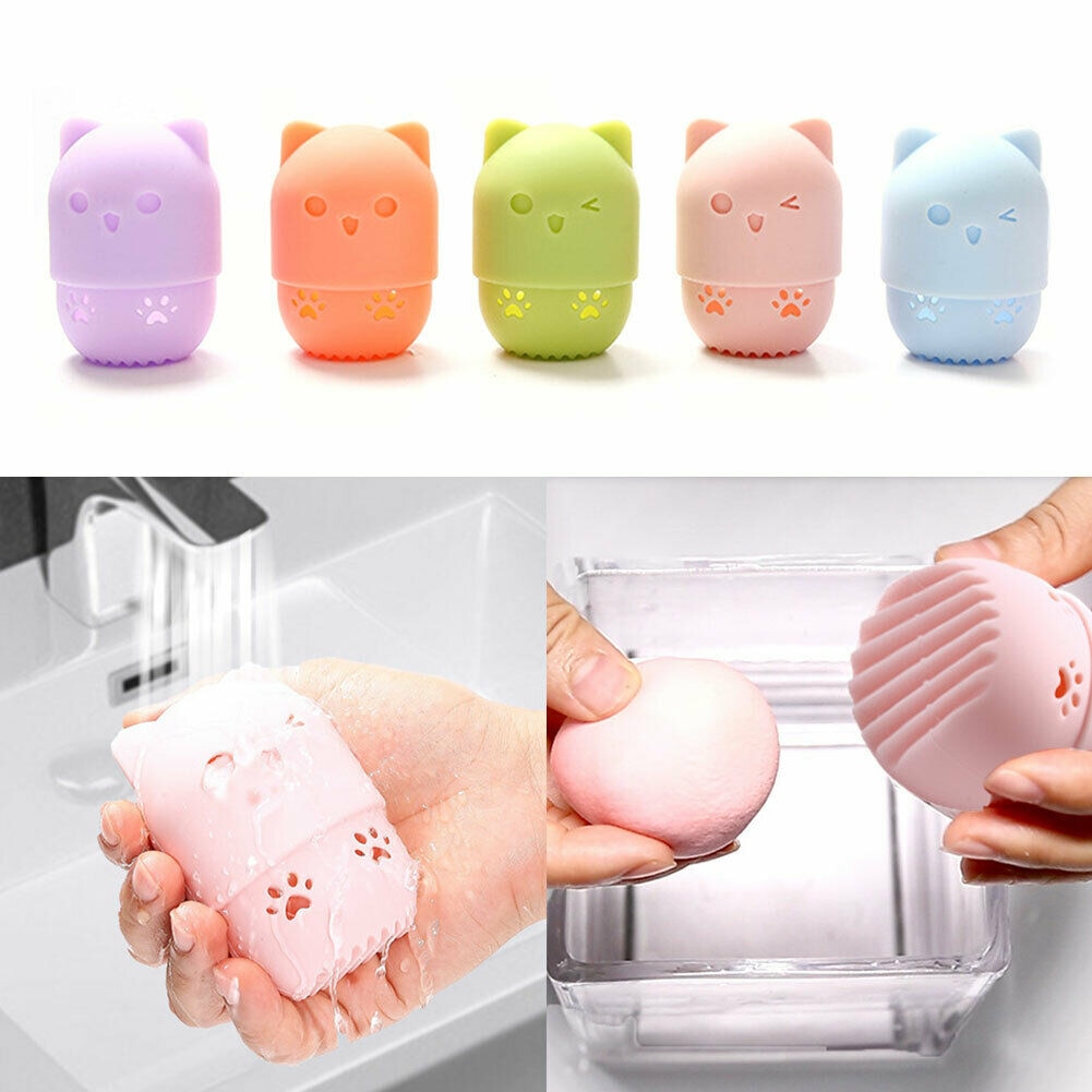 1Stck Katze bilden Silikon Nette machen-hoch Schwamm Halfter Schwamm Reiniger 2 in 1 Tragbare Kosmetische Puff Kapsel Tragetasche machen-hoch-Werkzeug