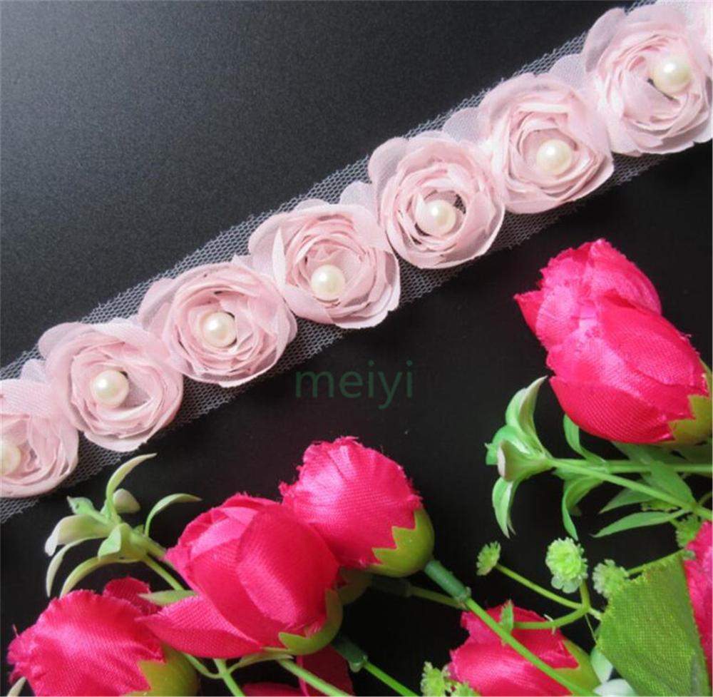Oplosbare Chiffon Rose Bloem Parel Geborduurde Stof Kant Trim Lint Handgemaakte DIY Naaibenodigdheden Ambachtelijke Voor Kostuum Decoratie