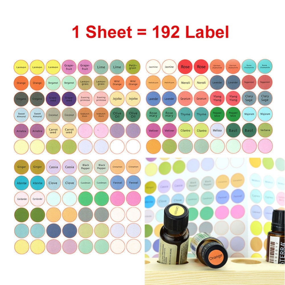 1 ark = 192 etiketter æteriske olieflasker låg låg etiketter runde cirkel farverige legetøj klistermærker kompatible til doterra unge levende