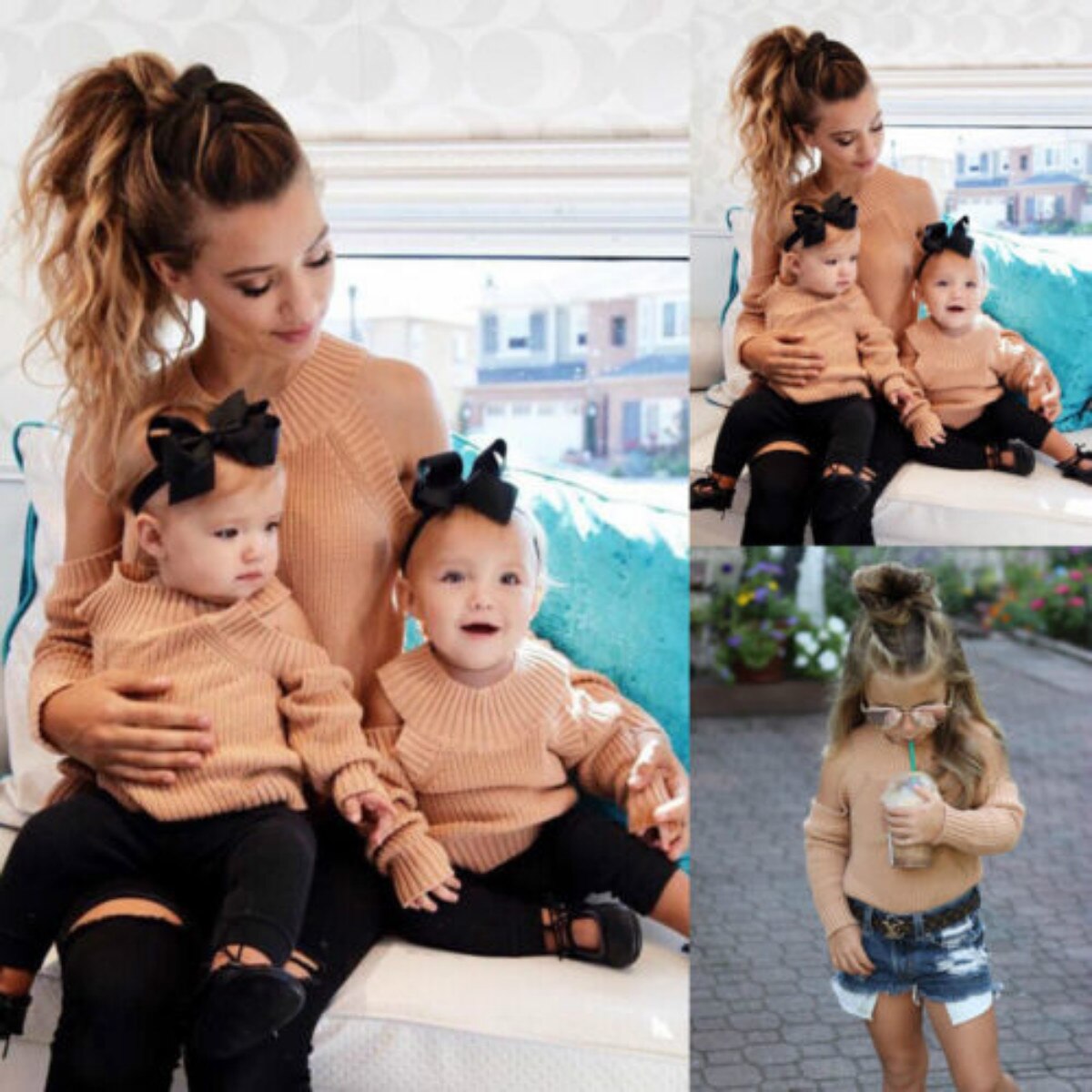 New2020 Family Matching Mother and Daughter Clothes Outfits Mom Daughter Dress Sweater Off Shoulder Long Sleeve Kintwear Outfits