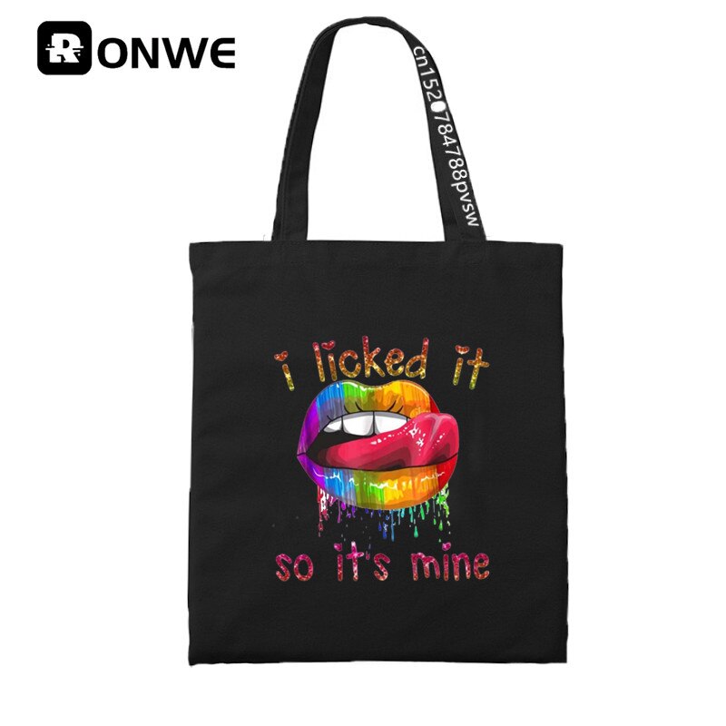 Grappig Lippen Vrouwen Print Herbruikbare Winkelen Canvas Tas Meisje Tote Eco Harajuku Shopper Schoudertassen,: T279A-Black