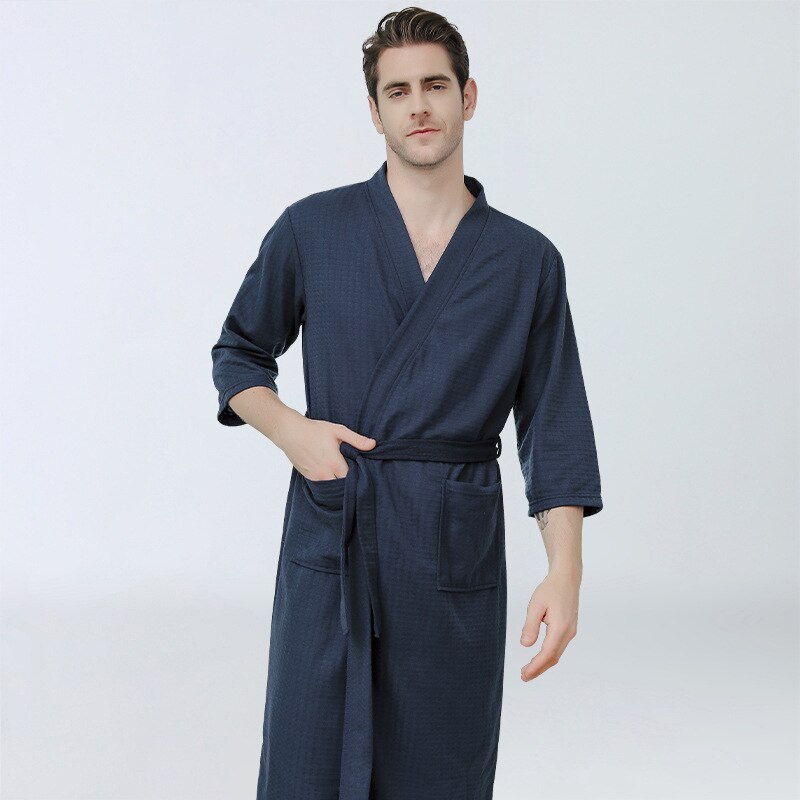 Mannen Nachtkleding Mannen Nightgowns Kimono Robe Katoenen Badjassen Homewear Pijama Lange Mouwen Robe Peignoir Homme: navy blue / M